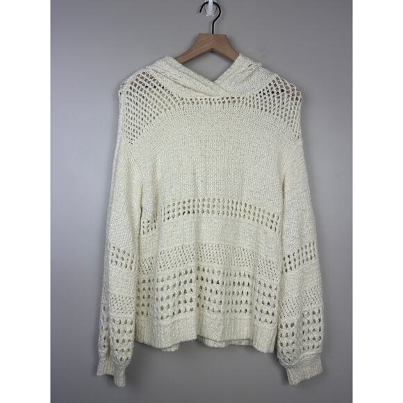 Anthropologie Pointelle Hooded Knit Pullover Sweater Cream Boho Sz Small - Picture 2 of 8